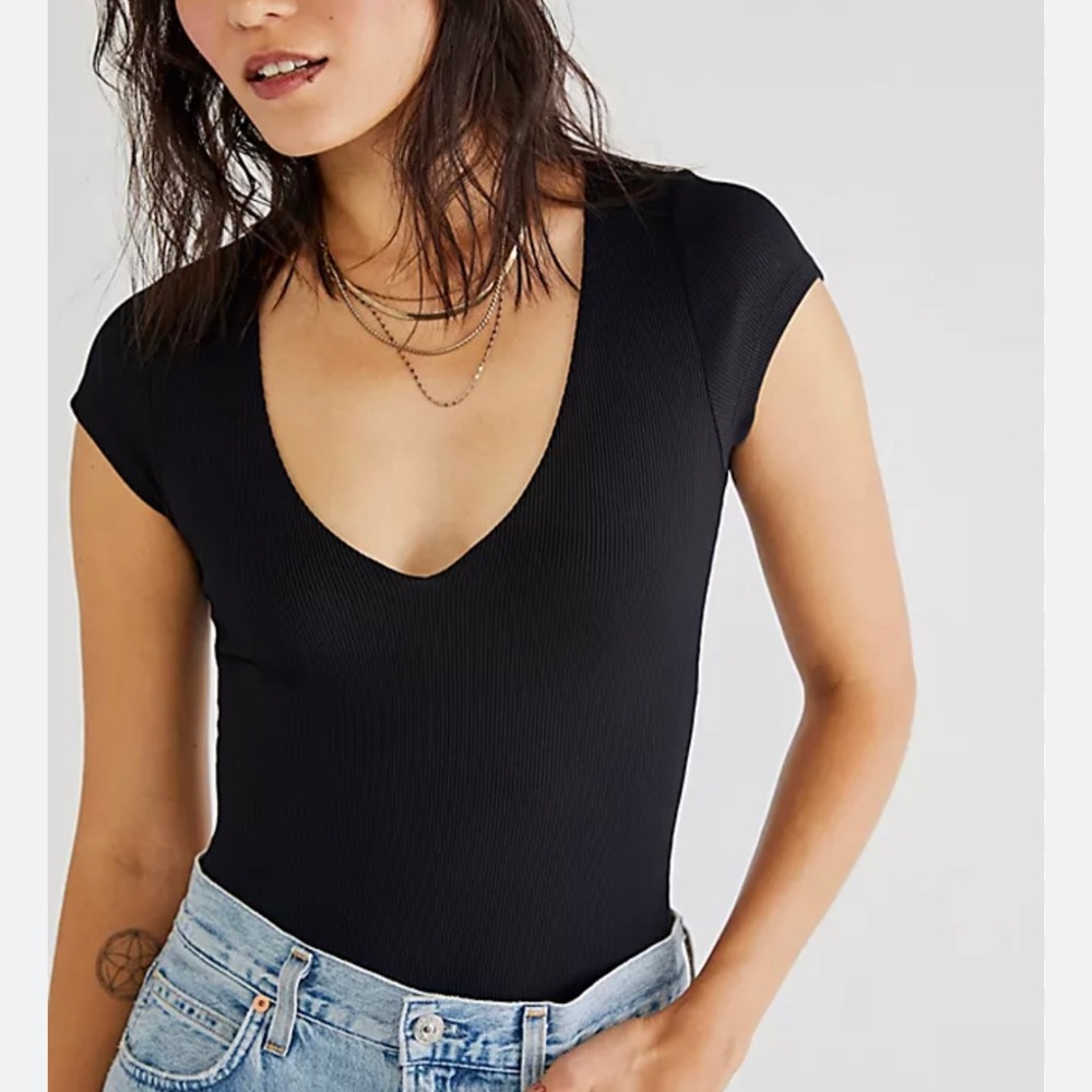 Free People Ready or Not black ribbed deep v neck slimming stretchy bodysuit
